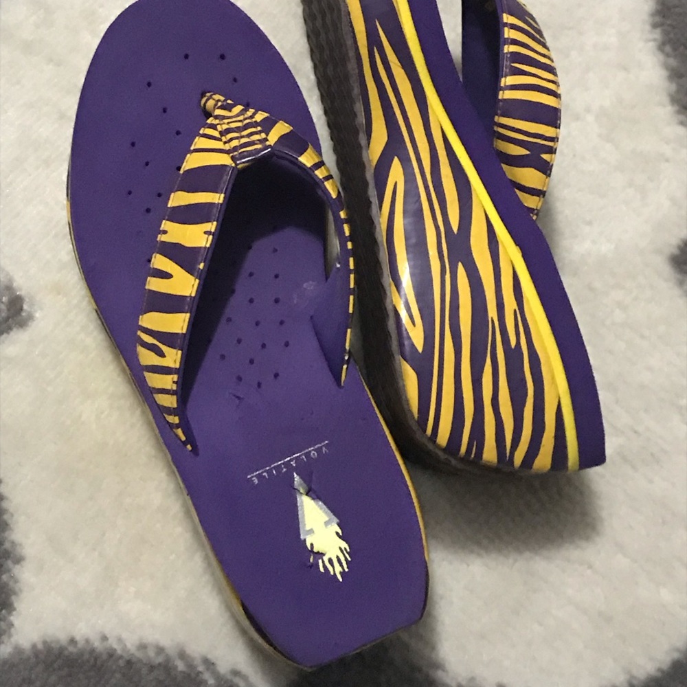 Volatile tiger LSU purple and gold stripe flops